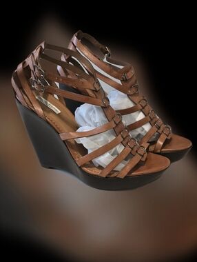 Pour La Victoire Cognac Leather Multi-Strap Sandal Heels